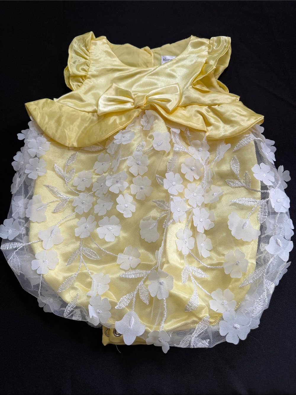 Nanette Baby Yellow Satin Bubble Dress with White Floral Tulle